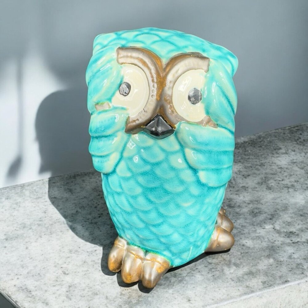 Whimsical Owl Bird Ceramic‎ Figurine Decor Blue Crackled Glaze Figure Porcelain